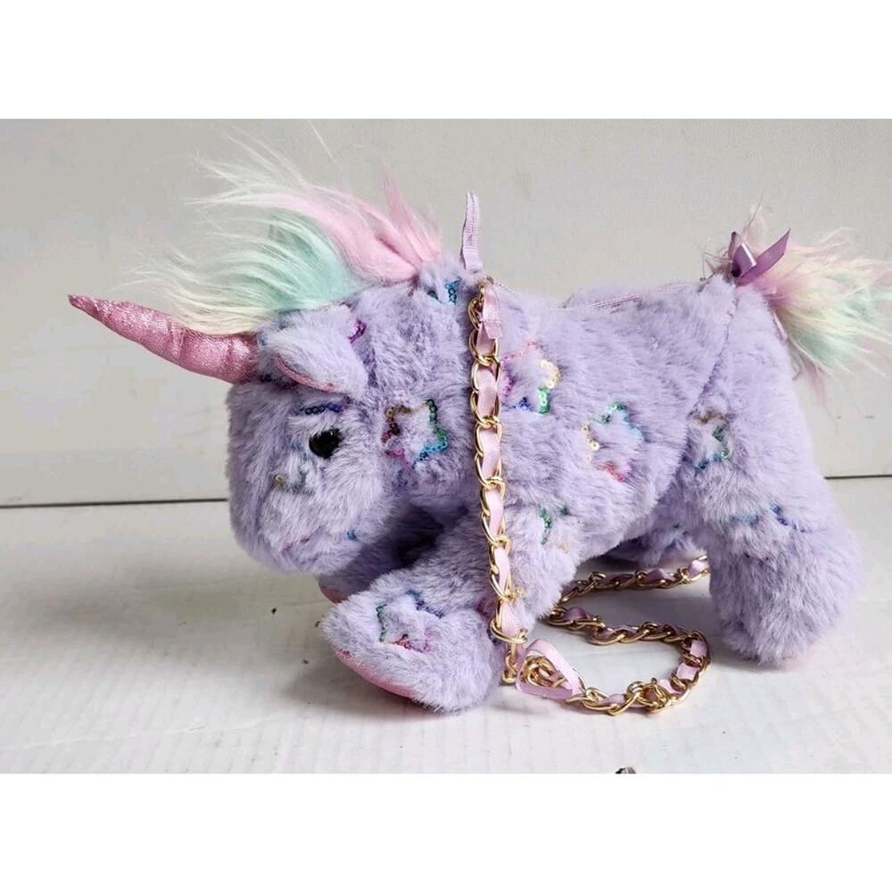 NWOT Toby Ent. Rainbow Purple Unicorn Sequence Stars plush carry purse/bag 10"